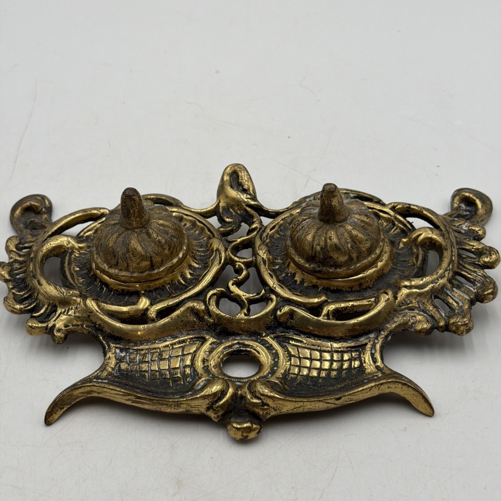 Vintage Double Ornate Brass Style Metal  Inkwell JAPAN